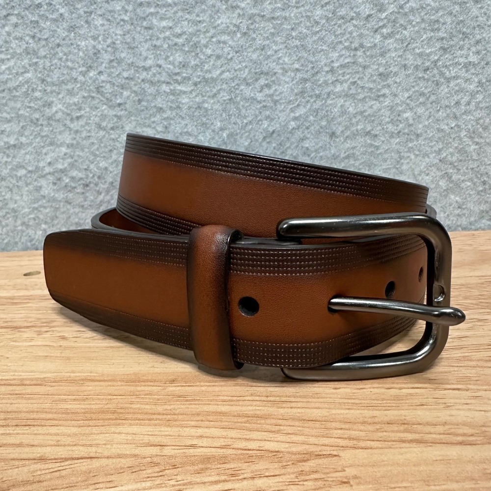 Perry Ellis Mens Tan Leather Belt 32/80 Textured Edge Dress Brown 1P75004